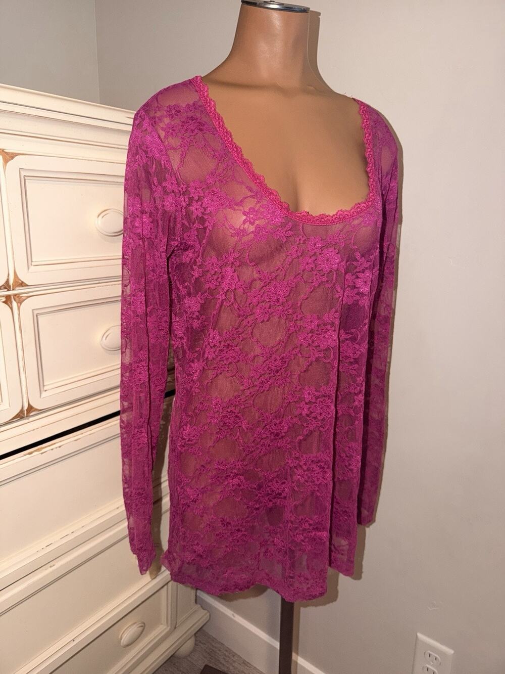 Hot Pink Lace Sheer Downeast Long Sleeved Blouse Shirt Size XL